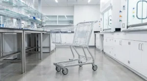 A modern shopping cart with neon green and orange translucent panels in a minimalist shop.